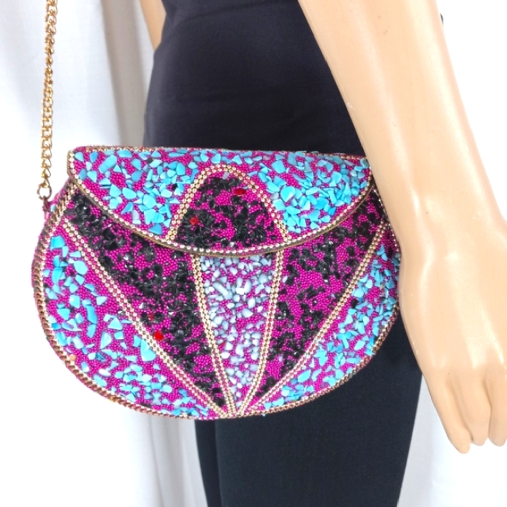 VINTAGE Handmade INDIAN Stones & Beads Mosaic Over Metal Top Flap Crossbody EUC